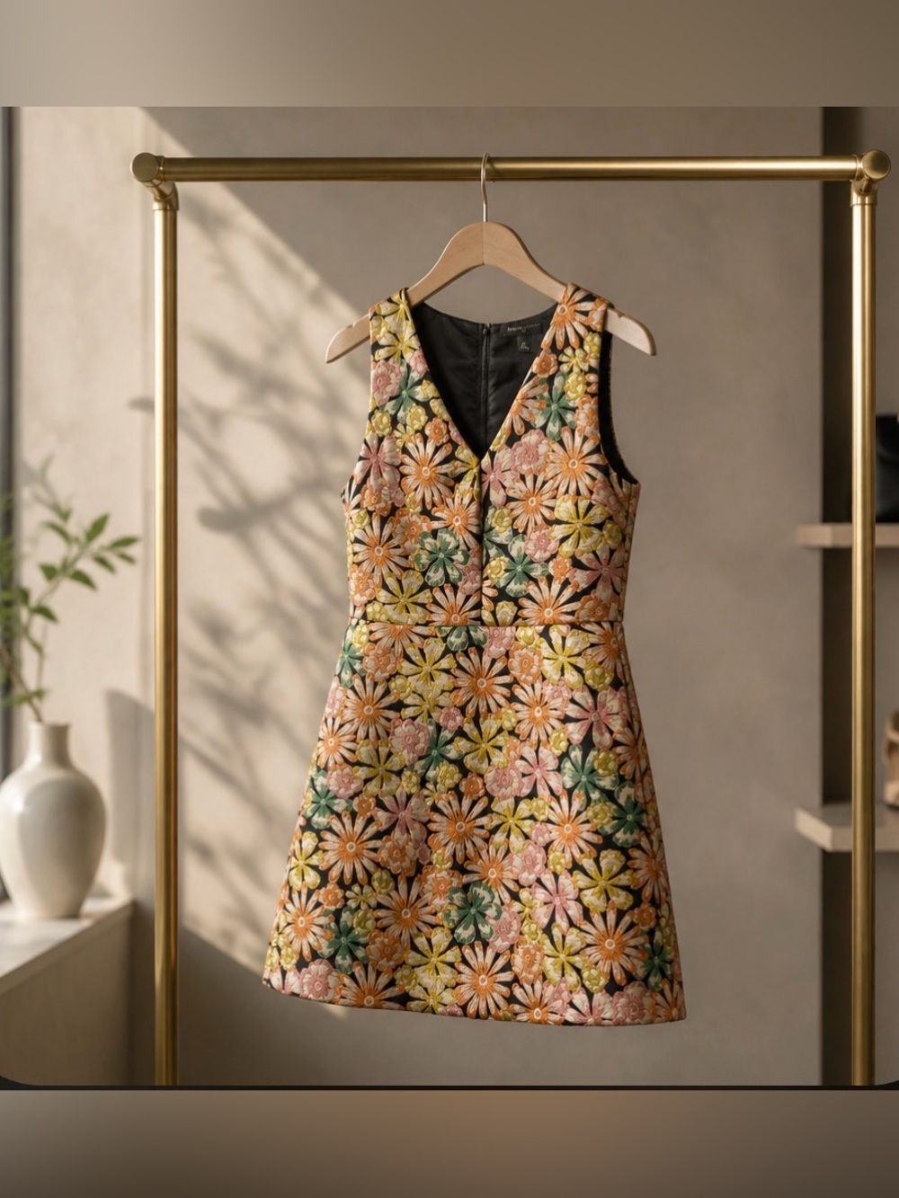 Banana Republic Floral Jacquard Mini Dress in Peach, Yellow, Green, Black